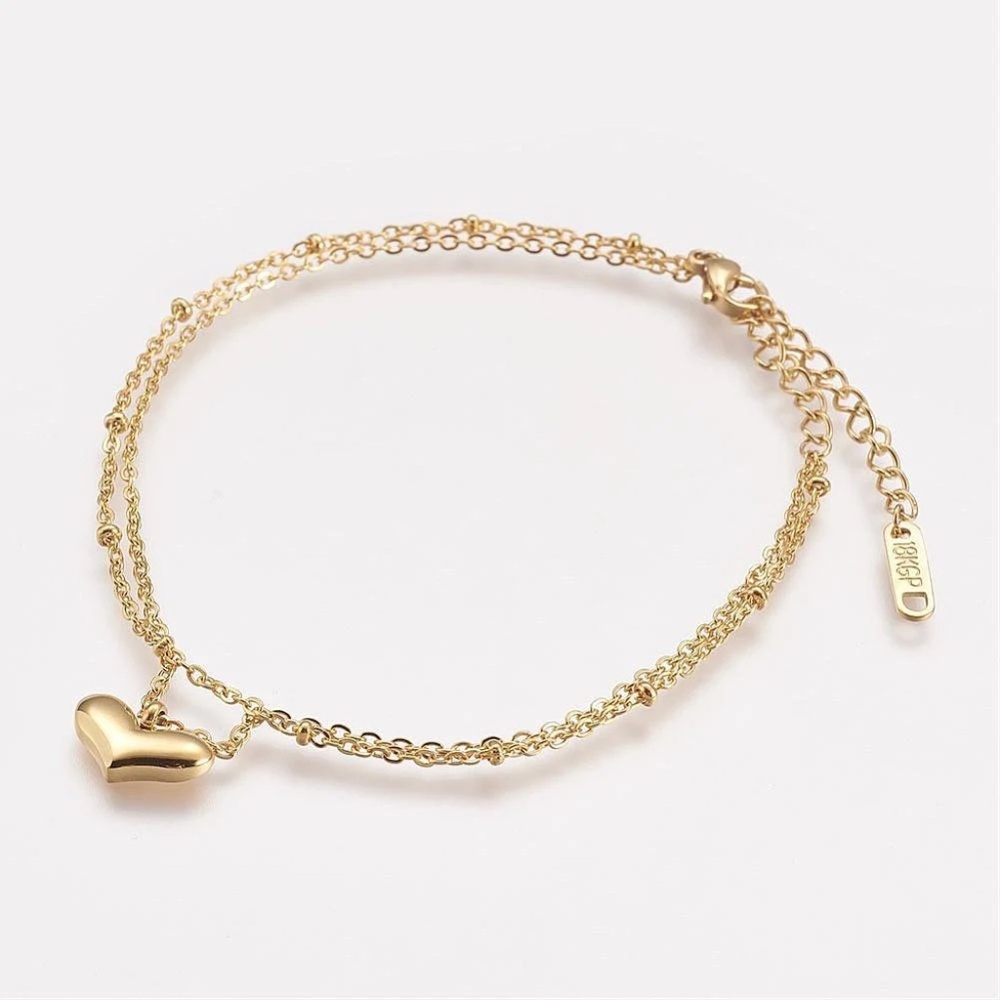 Dainty Gold Heart Layered Satellite Chain, 18KT Plated Anklet, Dainty Anklet